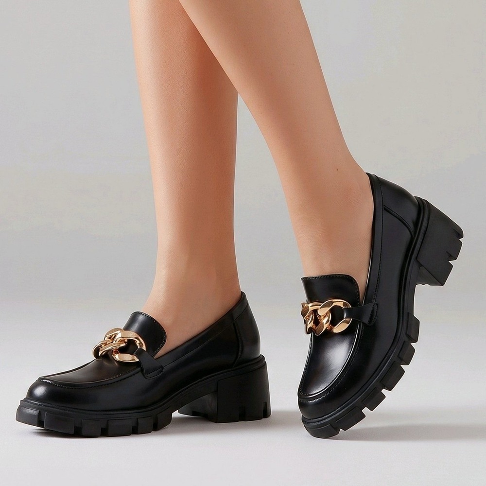 STUNAHOME Loafers Black Gold Chain‎ Lug Sole Block Heel Edgy 38